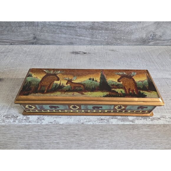 Vtg Robert M. Weiss Glass On Wood Trinket Box Cabin Decor Moose Bears Peru G30.5 - Picture 1 of 13
